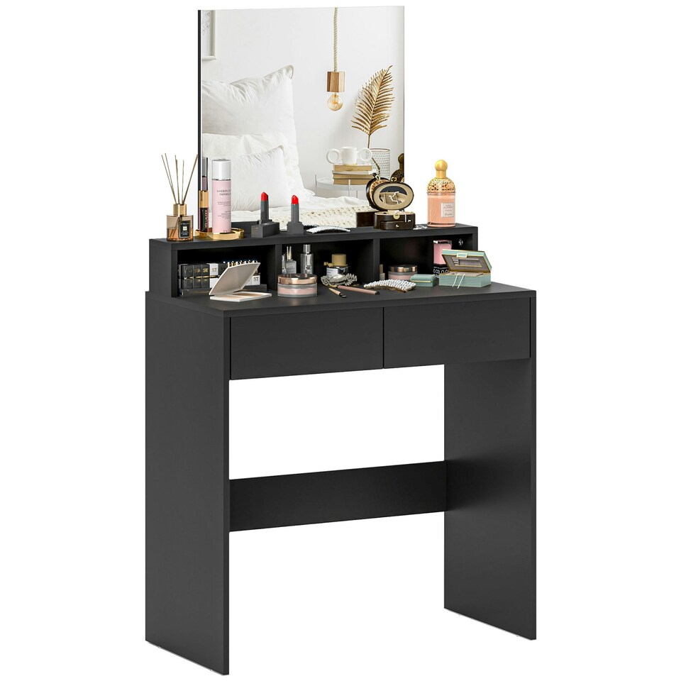image 1 of HOMCOM Dressing Table with Mirror, Drawers, for Bedroom, Black Black
