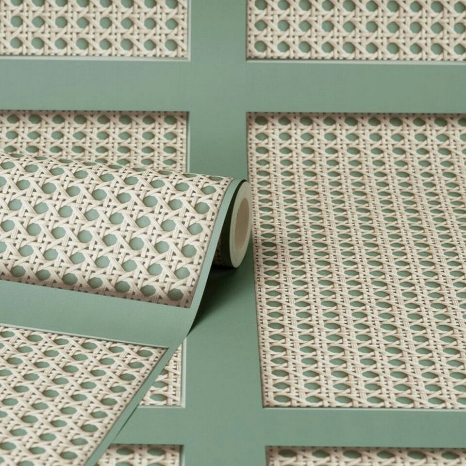 image 1 of Fine Decor Cane Panel Wallpaper - Beige/Sage Green - 10m x 52cm Brown