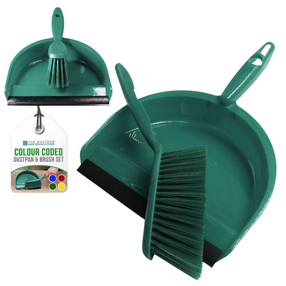 image 1 of Colour Coded Dustpan and Brush Sets Wide Plastic Dustpan with Rubber Lip and Soft Bristle Brush