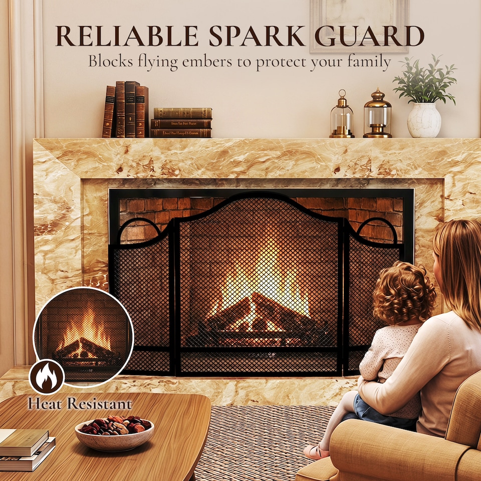 image 1 of HOMCOM Floral 3-Panel Folding Fireplace Screen for Protection, Black