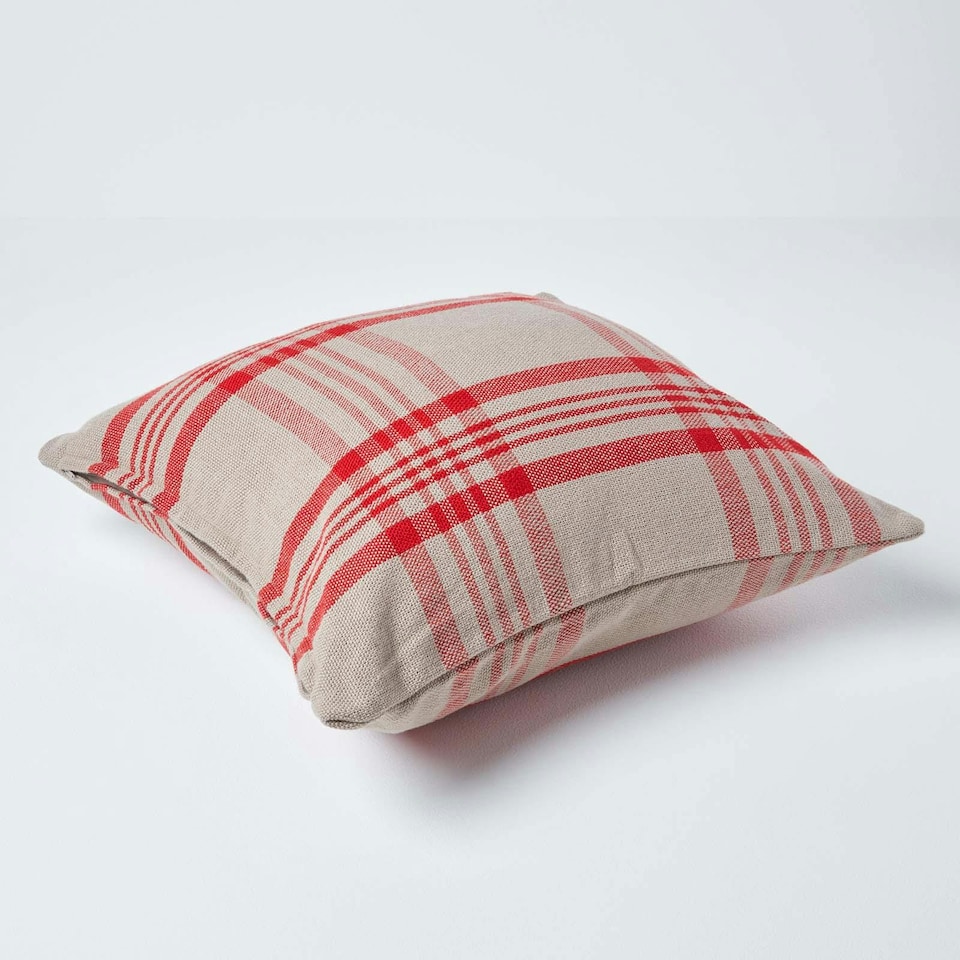 image 1 of Homescapes Grey & Red Tartan Pattern Cushion Cover - 60 x 60 cm | Red | Grey & Red | 60 x 60 cm