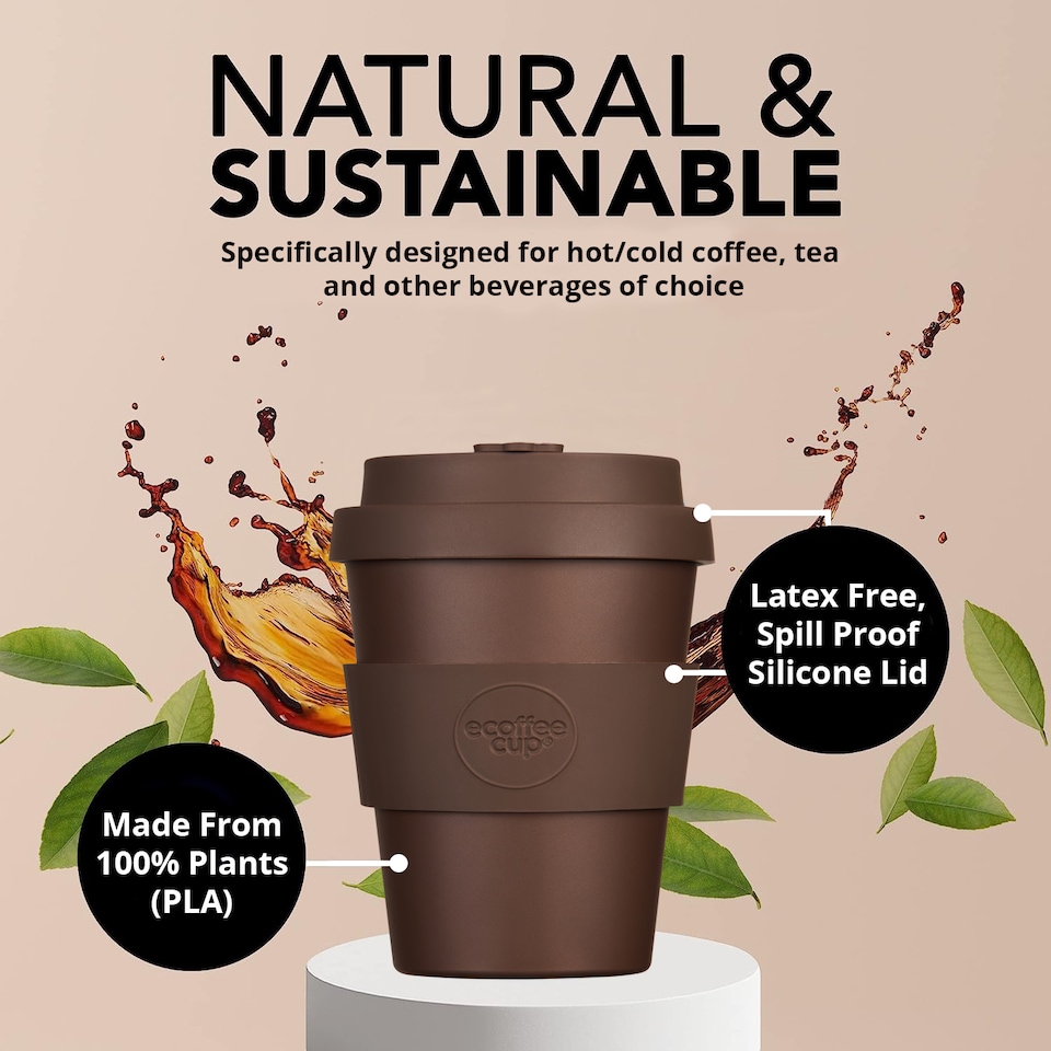 image 1 of Ecoffee Cup 6oz 180ml Reusable Eco-Friendly, Plant Based Coffee Cup with Silicone Lid & Sleeve, Spooky Action At A Distance | Brown | Spooky Action At A Distance