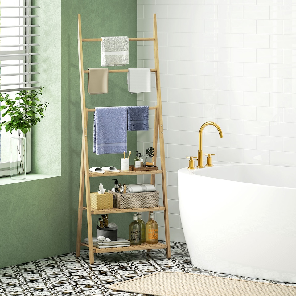 image 1 of HOMCOM Folding Bathroom Storage Shelves, 3-Tier A-Frame Bamboo Storage Shelving Unit with Towel Bars, Freestanding Shelves Rack Organiser for Living Room, Natural