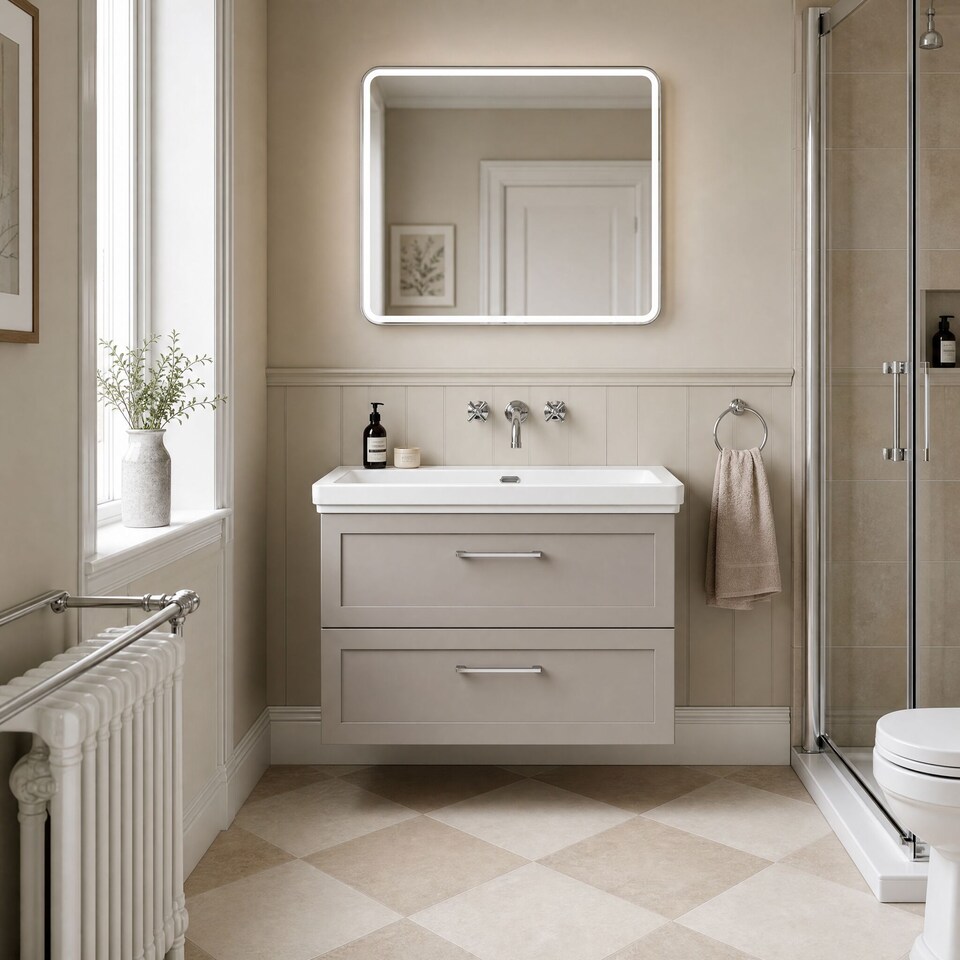 image 1 of Balterley Stonnall Traditional Wall Hung 2 Drawers Vanity Unit with Traditional 0 Tap Hole Fireclay Basin, 800mm, Pebble Grey