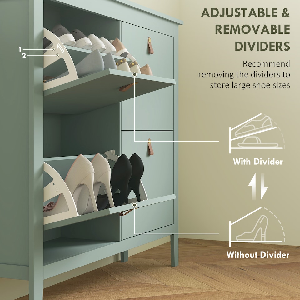 image 1 of HOMCOM 4 Drawer Shoe Cabinet with Flip Doors, Narrow Shoe Storage Cabinet with Removable and Adjustable Shelves, 20 Pairs Footwear Cupboard for Hallway, Entryway, 105 x 24 x 95.5 cm, Green | Green | 1