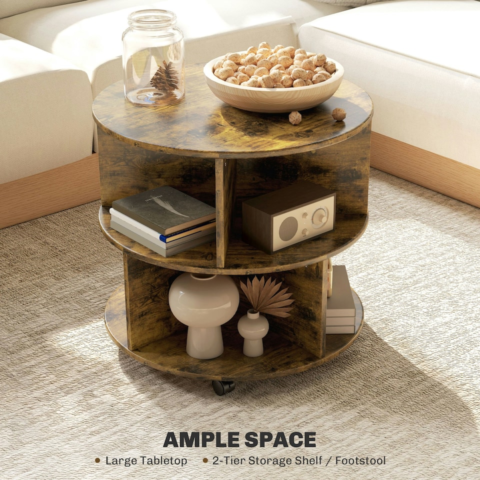image 1 of 2 Tier Round Coffee Tea Table End Side Desk Sector Divider Shelves Storage Brown