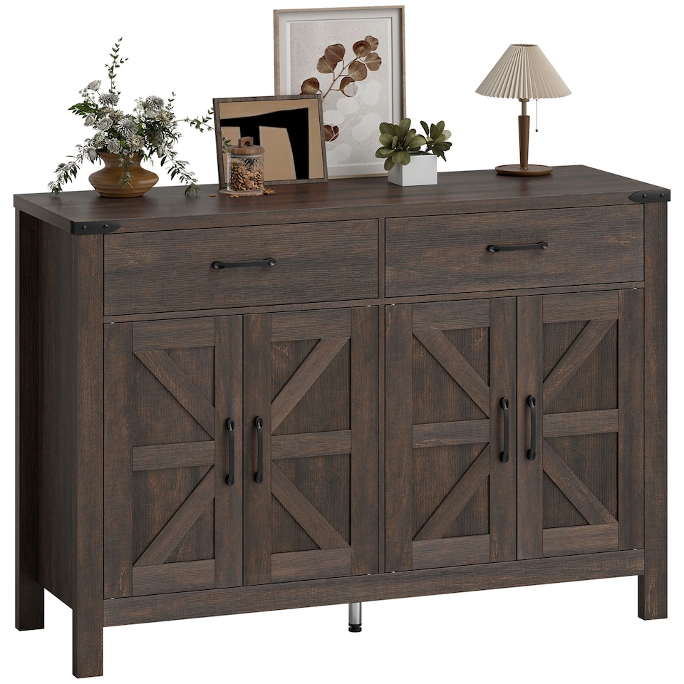 image 1 of HOMCOM Kitchen Cupboard with 4 Doors, 2 Drawers and 2 Shelves, Dark Brown
