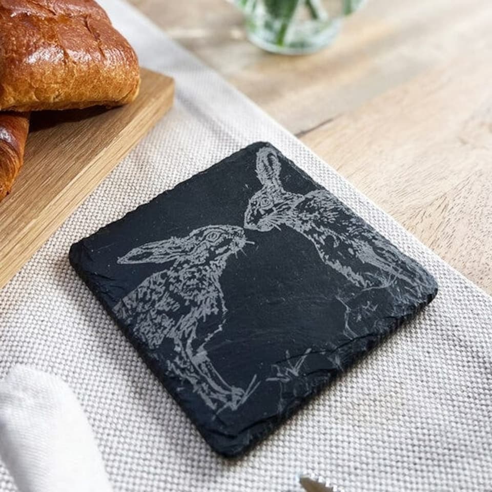 image 1 of The Just Slate Company Set of 4 Kissing Hares Slate Coasters