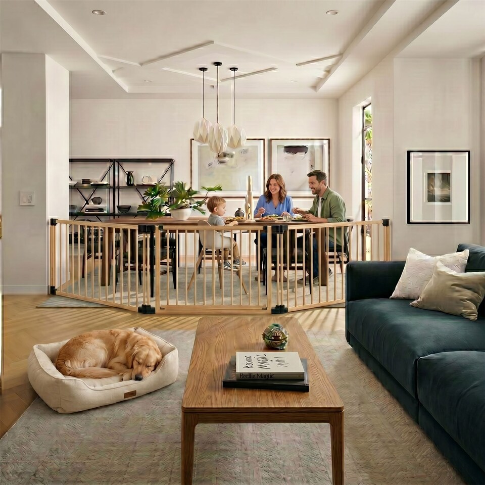 image 1 of Bettacare Wooden Multi Panel Flexible Pet Barrier, Natural Wood, up to 136cm Wide, Dog Barrier for Pets Dogs and Puppy | Cream | Natural