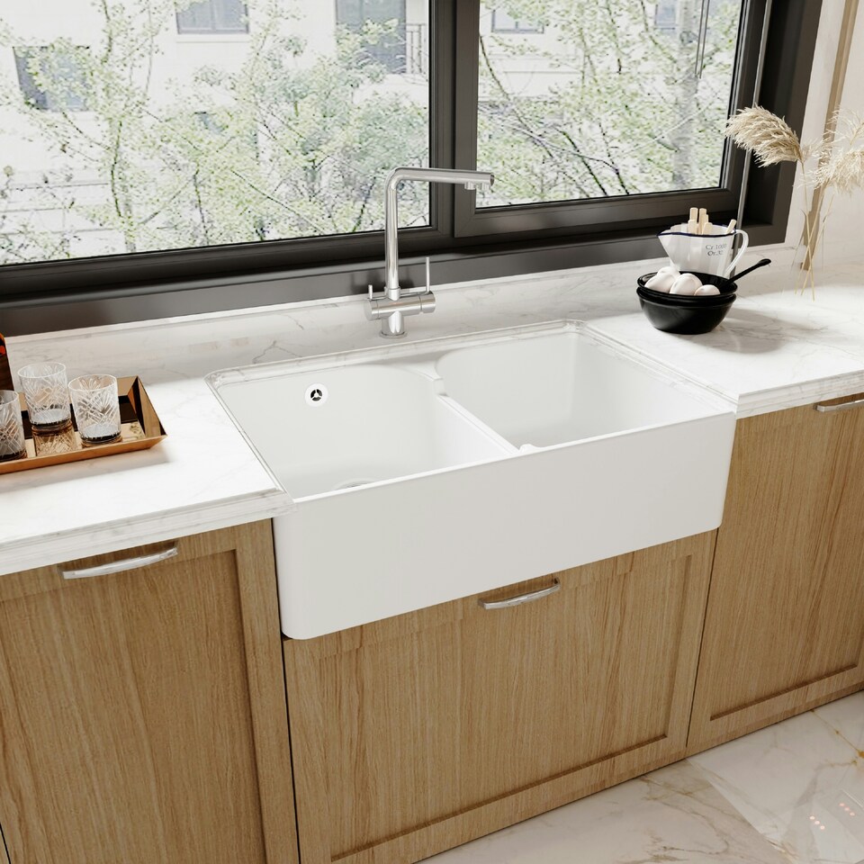 image 1 of 795mmDouble Bowl Fireclay Butler Kitchen Sink - Stepped Weir &  Wastes