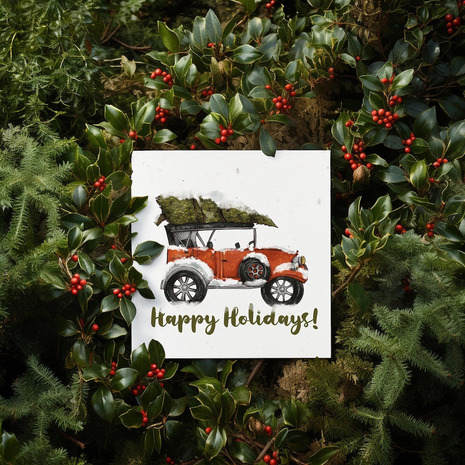 image 1 of Snowy Red Car - Plantable Wildflower Seed Christmas Cards - 5 Pack