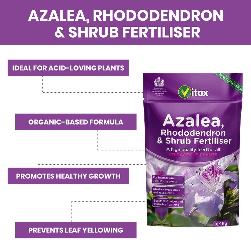 image 1 of language Vitax Azalea Rhododendron & Shrub Fertiliser 0.9kg Organic Acid-Loving Plant Feed for Healthy Growth & Blooms
