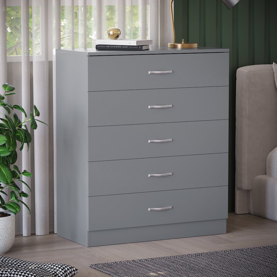 image 1 of Vida Designs Riano 5 Drawer Chest of Drawers Bedroom Storage, Grey