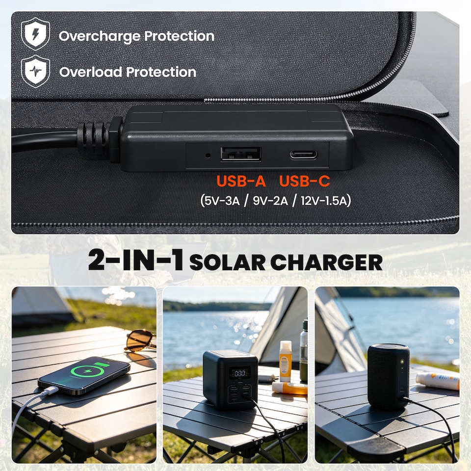 image 1 of HOMCOM 100W Portable Solar Panel Solar Charger with USB-A & USB-C Output | Black