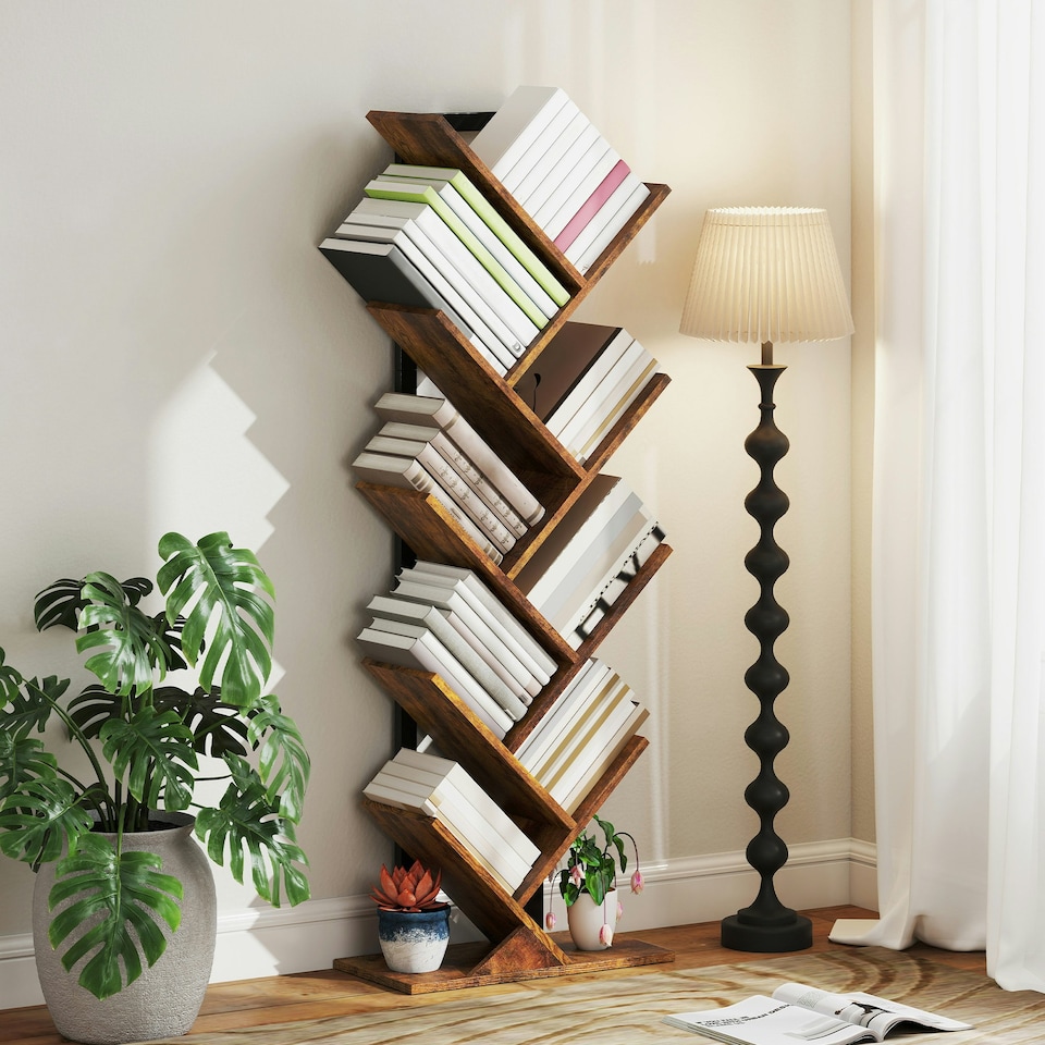 image 1 of HOMCOM 9-Tier Tree Bookshelf with Steel Frame for Living Room, Rustic Brown