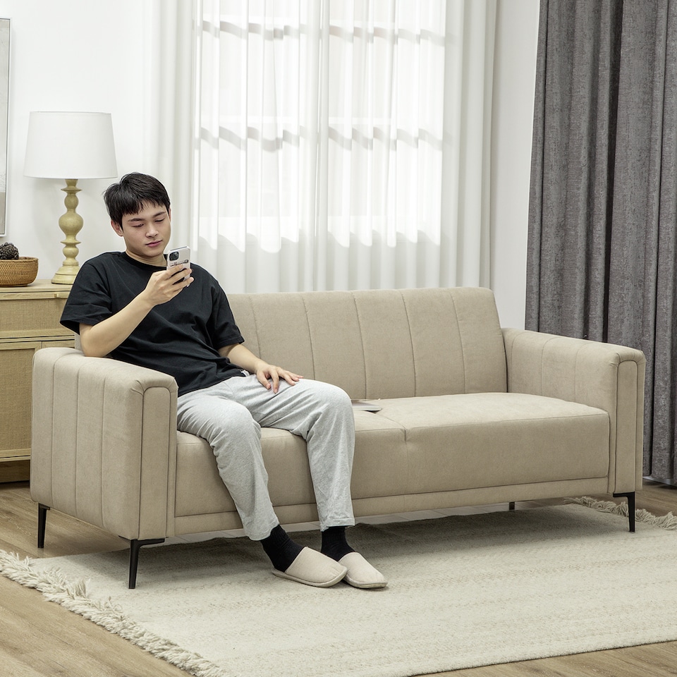 image 1 of HOMCOM 3 Seater Sofa, Modern Fabric Sofa Couch, Channel Tufted Upholstered Sofa Settee for Living Room, Guest Room, Bedroom, Home Office, Khaki | Yellow