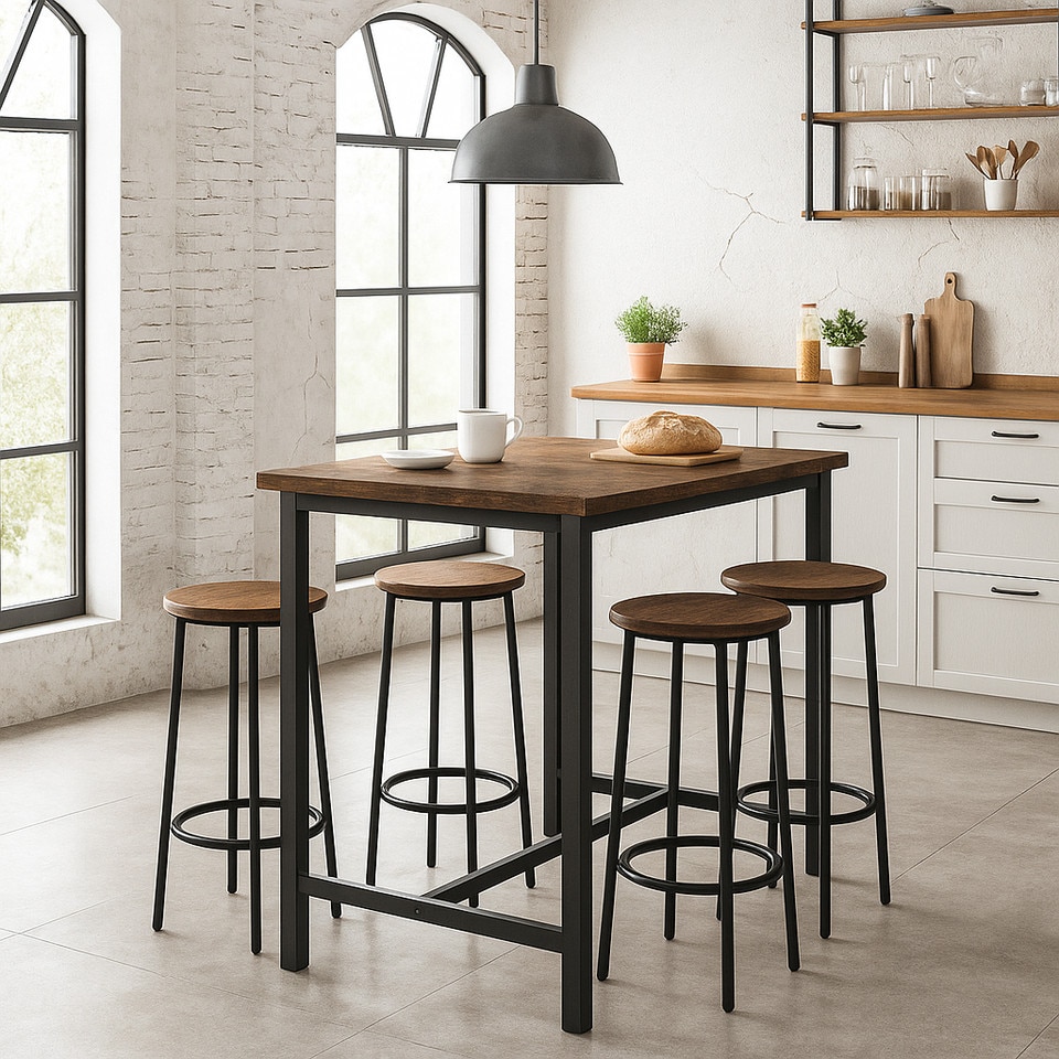image 1 of CANCUN Bar Table & Stools Set Kitchen Dining Breakfast Industrial Furniture | Multi | 5 Piece Rustic Brown