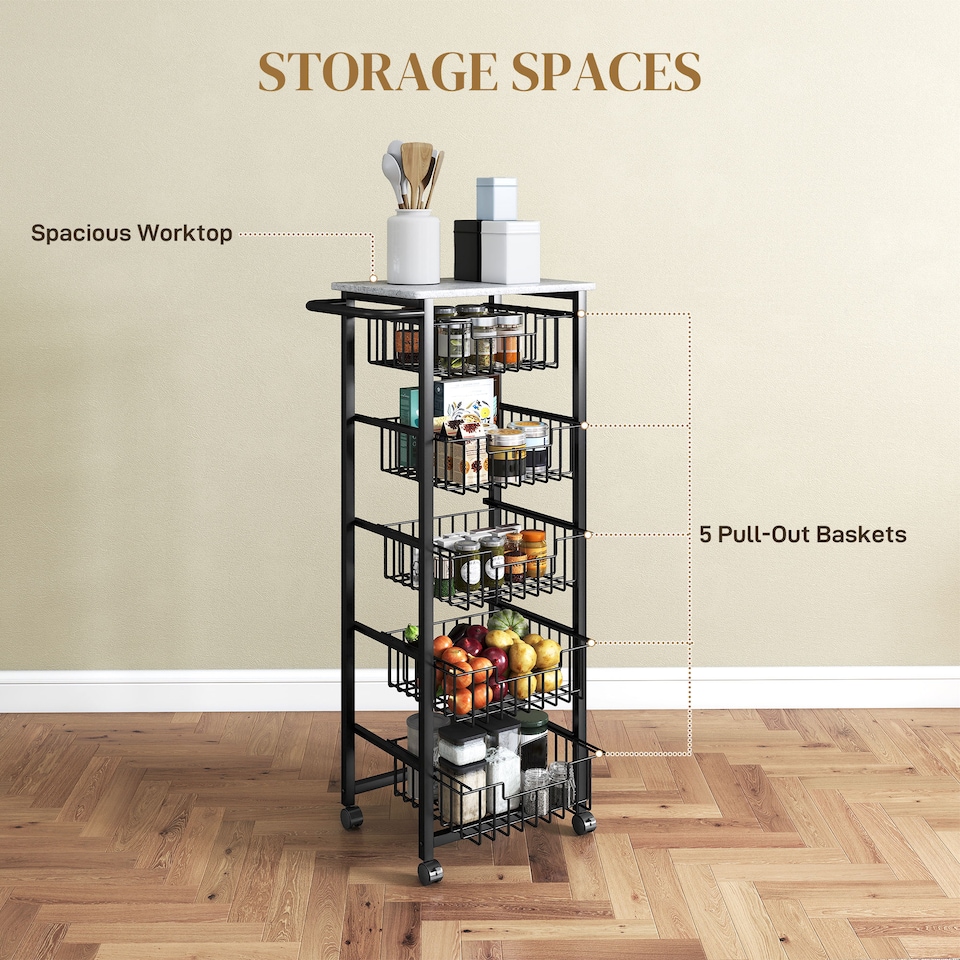 image 1 of HOMCOM 5-Tier Kitchen Island on Wheels with 5 Pull-Out Baskets, Light Grey