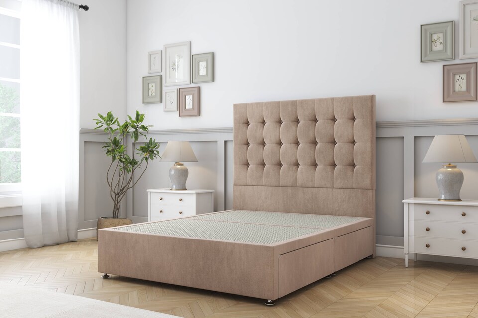 image 1 of Sloomy Alabama Mink Naples Divan Bed Base No Drawers With 54 Inch Floor Standing Headboard | Brown | Mink | Super King | 1