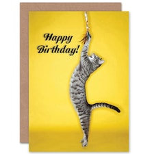Playful Cat Lover Pet Tabby Yellow Happy Birthday Greeting Card