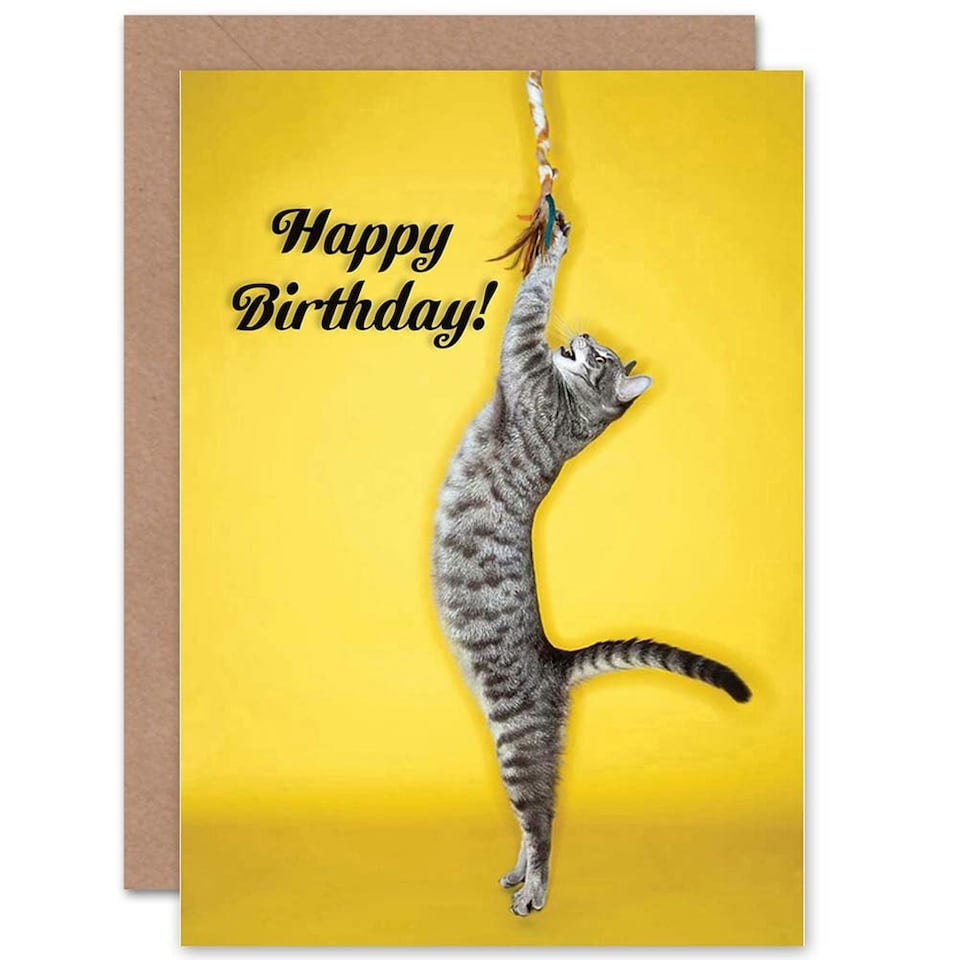 image 1 of Playful Cat Lover Pet Tabby Yellow Happy Birthday Greeting Card