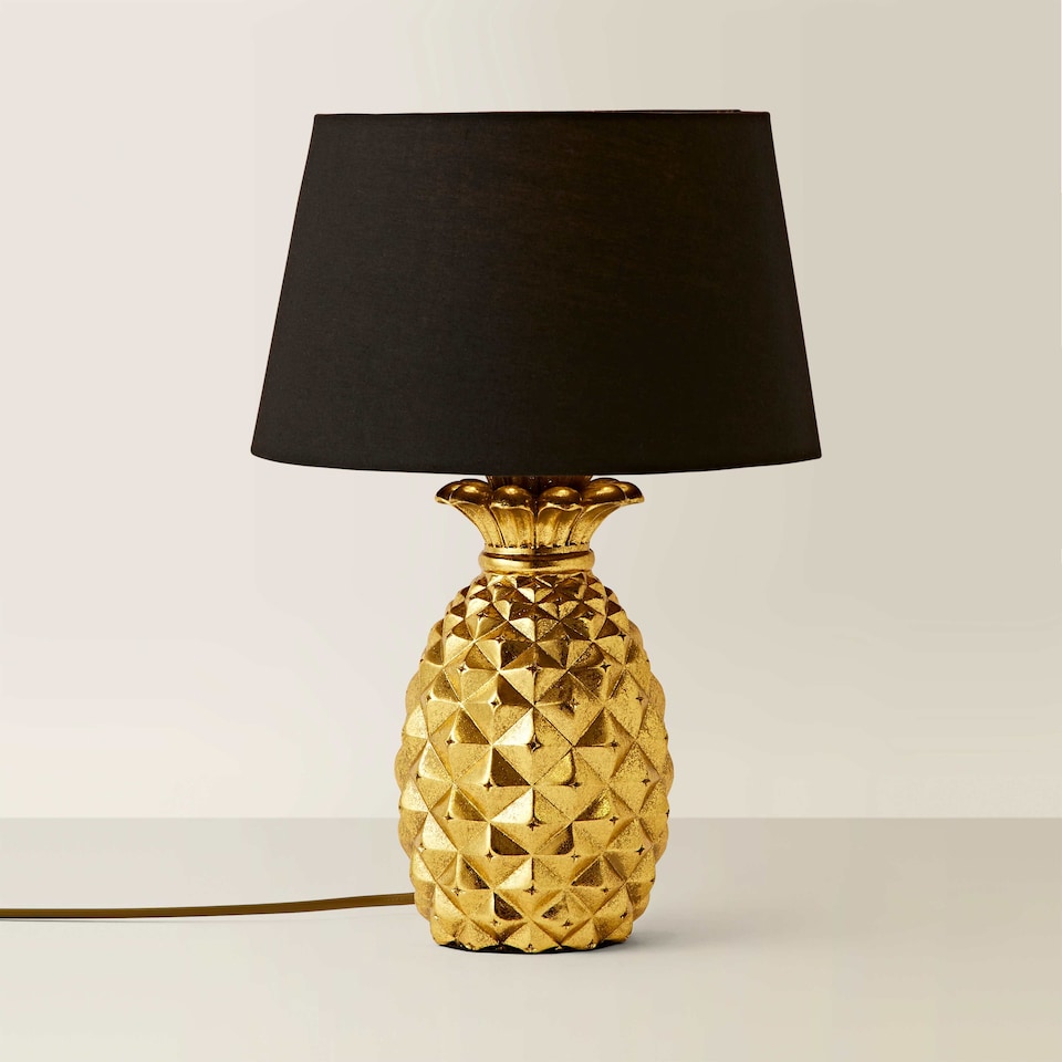image 1 of ValueLights Pineapple Painted Gold Table Lamp with Small Black Tapered Shade and E14 Golfball LED 4W Warm White 3000K Bulb | Black