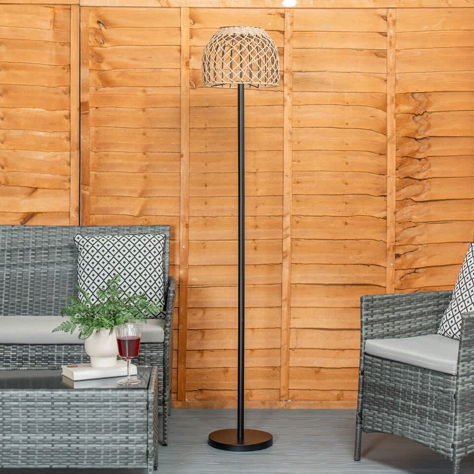 image 1 of ValueLights Solar Powered Outdoor Natural Rope Garden Light Floor Lamp with Rattan Shade | Cream
