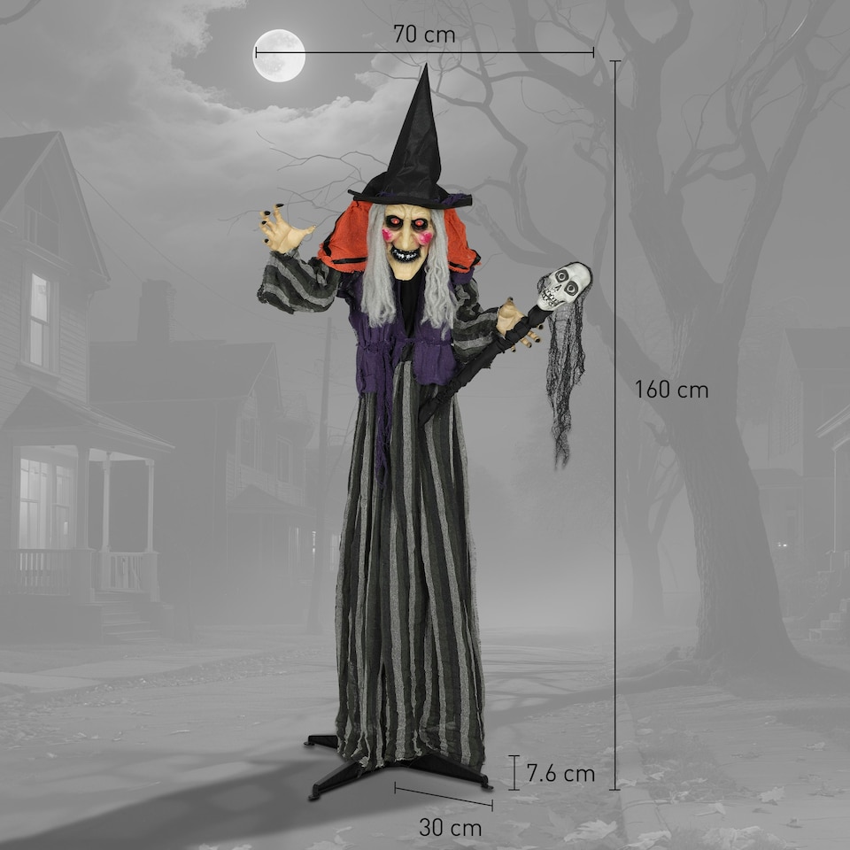 image 1 of Outsunny Voice Activated Halloween Animatronics Standing Witch & Skull Staff