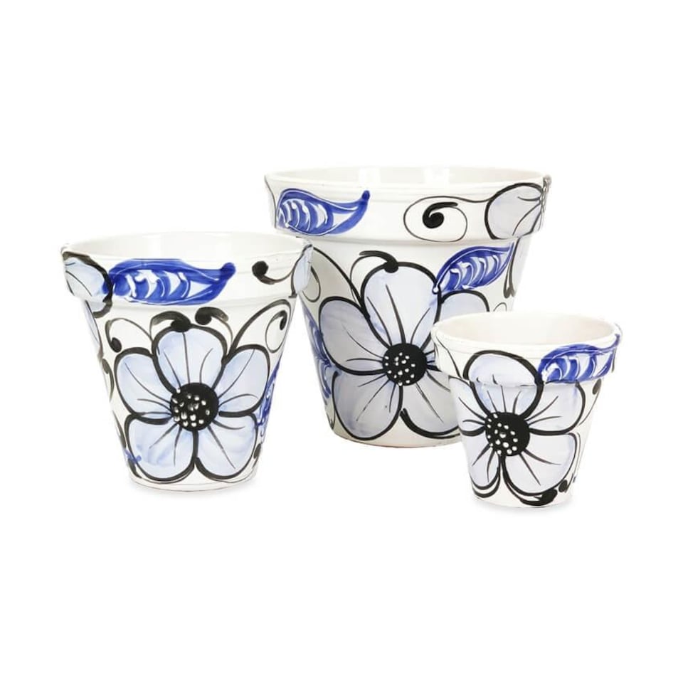image 1 of Verano Spanish Ceramics Set of 3 Plant Pots & Drainage Plates - 16-29cm Blue Flower