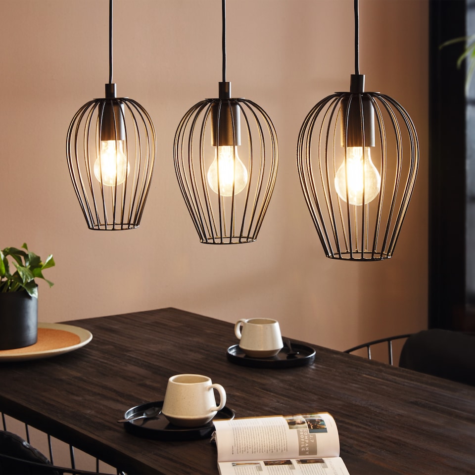 image 1 of EGLO Newtown Vintage Black Caged Steel 3-Light Pendant