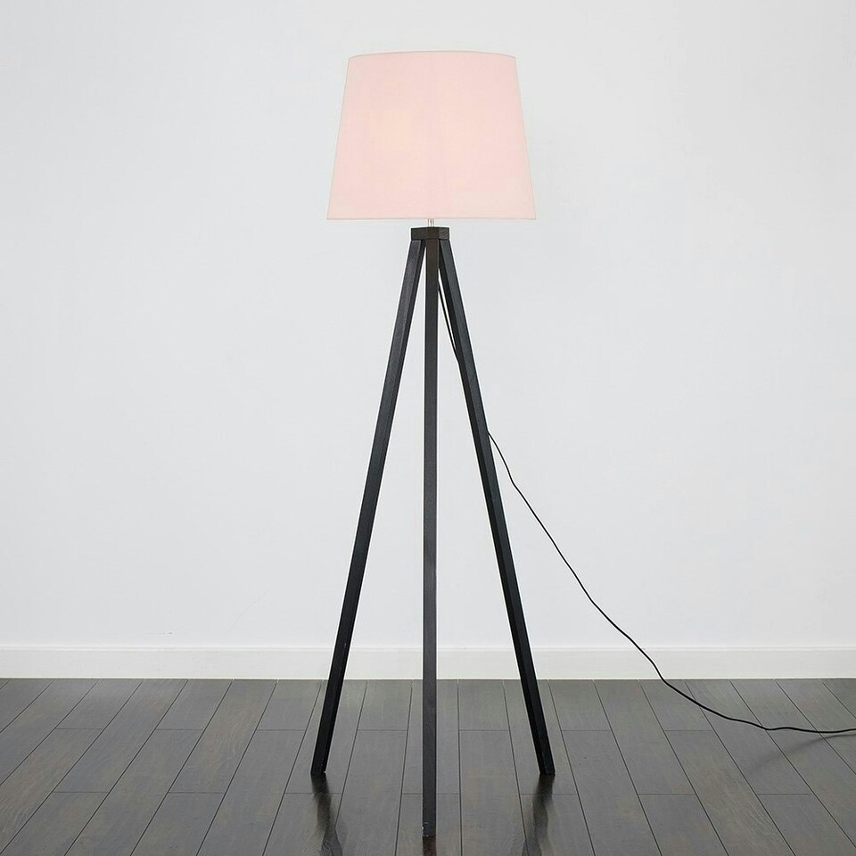 image 1 of ValueLights Modern Black Wood Tripod Design Floor Lamp With Pink Shade