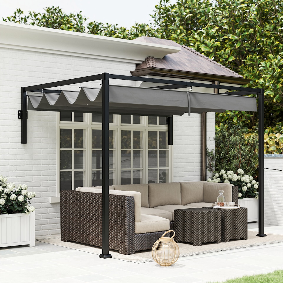 image 1 of Outsunny 2 x 3m Lean To Pergola with Retractable Roof, Wall Mounted Garden Gazebo Outdoor Sun Shade Shelter for Patio, Deck, Dark Grey