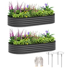 Outsunny Set of 2 Raised Beds for Garden with Metal Plant Stakes, Dark Grey | Grey | Dark Grey