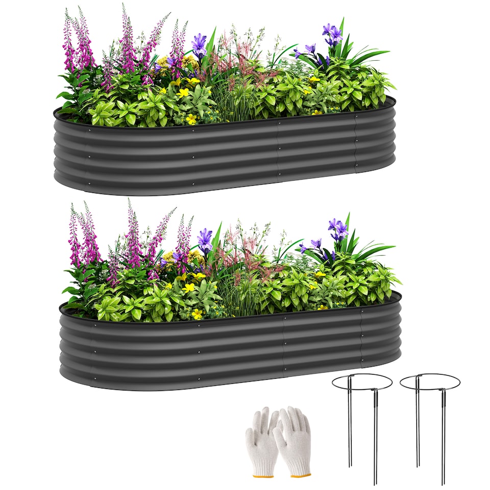 image 1 of Outsunny Set of 2 Raised Beds for Garden with Metal Plant Stakes, Dark Grey | Grey | Dark Grey