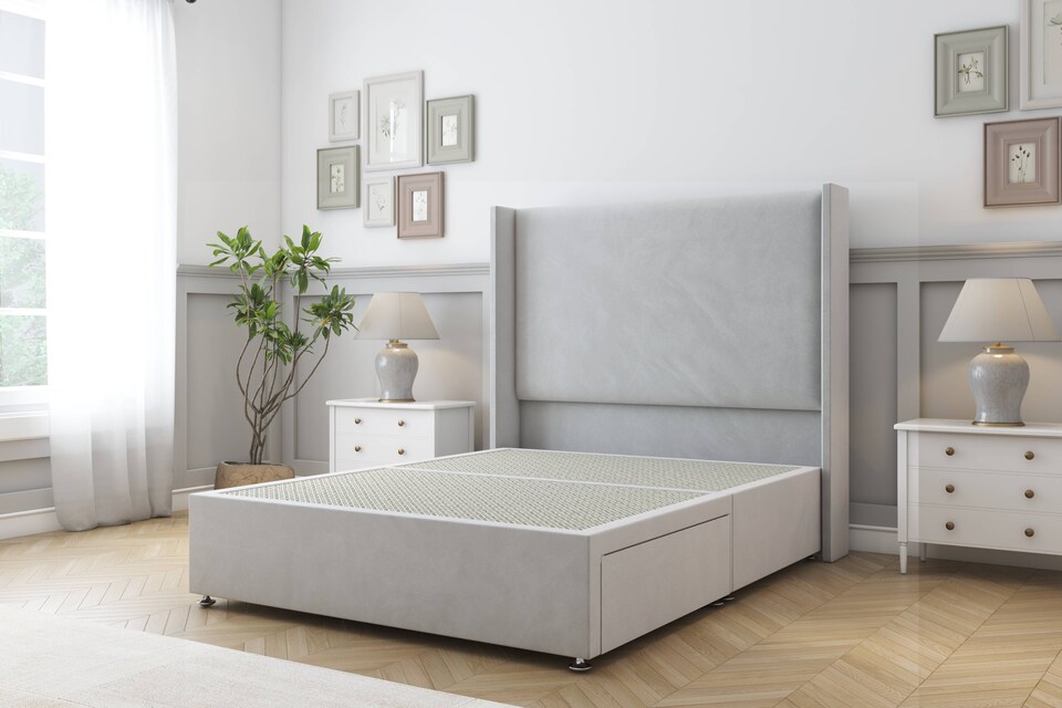 image 1 of Sloomy Devonshire Silver Plush Divan Bed Base 2 Drawers Foot-End With 54 Inch Wingback Headboard | Silver | Silver | Small Double | 1