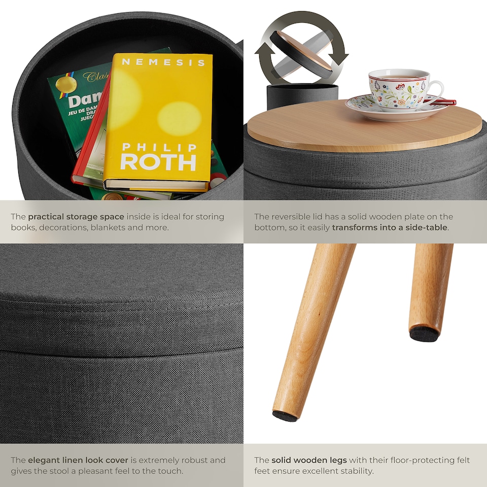 image 1 of Stool Yara - round, padded, with storage space, linen look | Grey | dark grey | 42,50 x 42,50 x 45,50 cm | 1