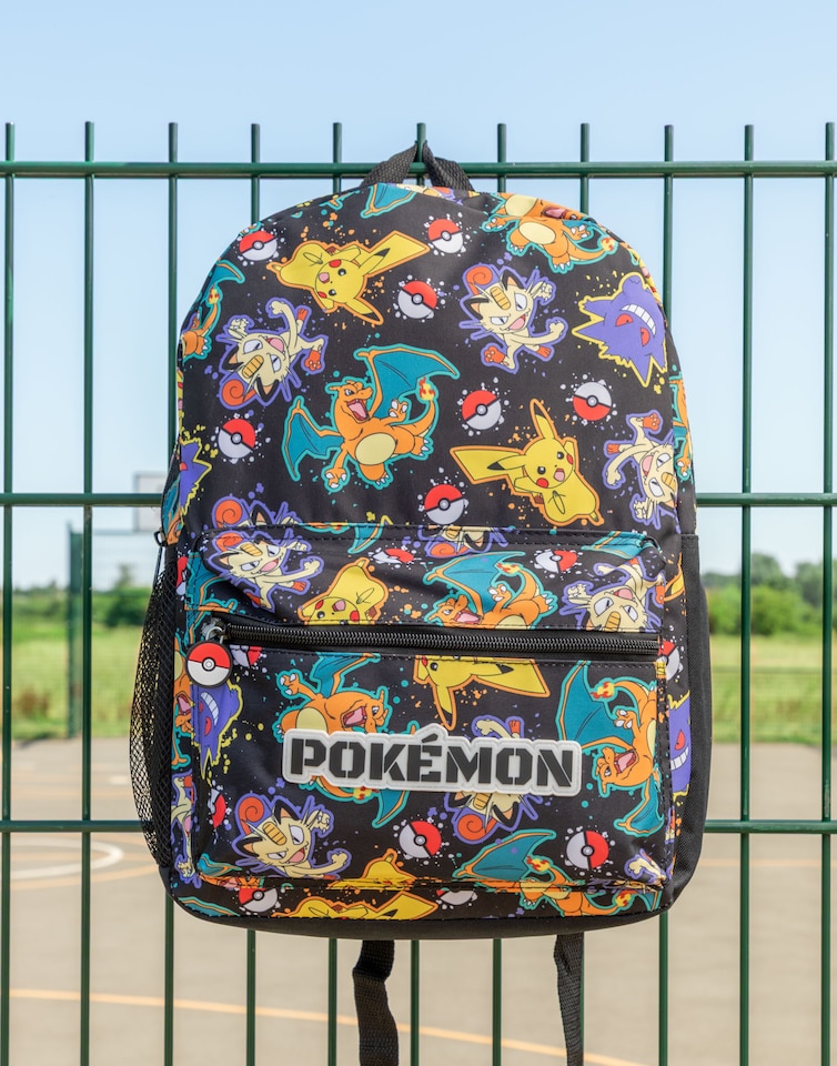 image 1 of Pokemon Pikachu Charizard Gengar Meowth Backpack in Black - Kids Character All Over Print Bag - Adjustable Shoulder Straps, Front Pocket & Mesh Holder | Black | Black