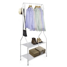 House of Home Clothes Rack Steel White Clothing Rail With Two Shelves Hanging Hooks 5ft Height | White