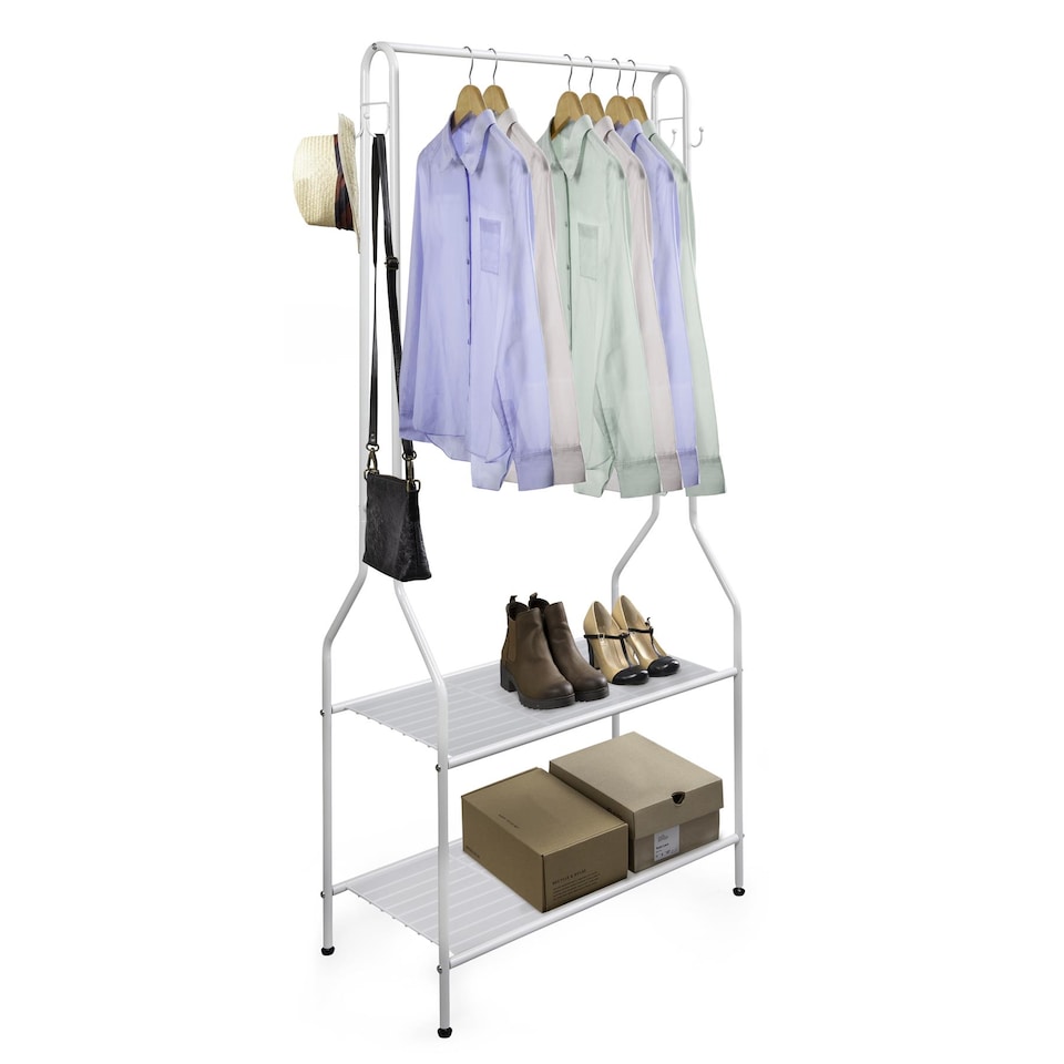 image 1 of House of Home Clothes Rack Steel White Clothing Rail With Two Shelves Hanging Hooks 5ft Height | White
