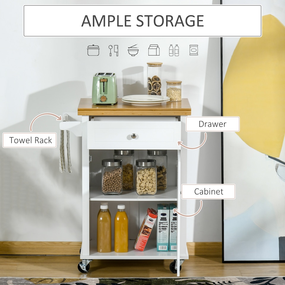 image 1 of HOMCOM Kitchen Cart Storage Trolley Wooden Cabinet with Drawer Cupboard Towel Rail White