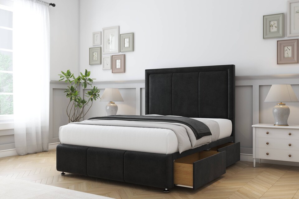 image 1 of Sloomy Lancaster Black Plush Divan Bed Base 2 Drawers Right Side With 26 Inch Strutted Headboard & 12 Inch Matching Footboard | Black | Black | Small Double | 1