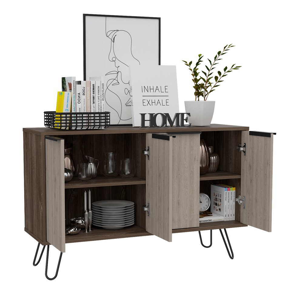 image 1 of Nevada Large Sideboard in Smoked Oak with 4 Doors - Contrasting Bleached Grey Oak and Black Hairpin Legs | Brown | Brown | One Size | 1