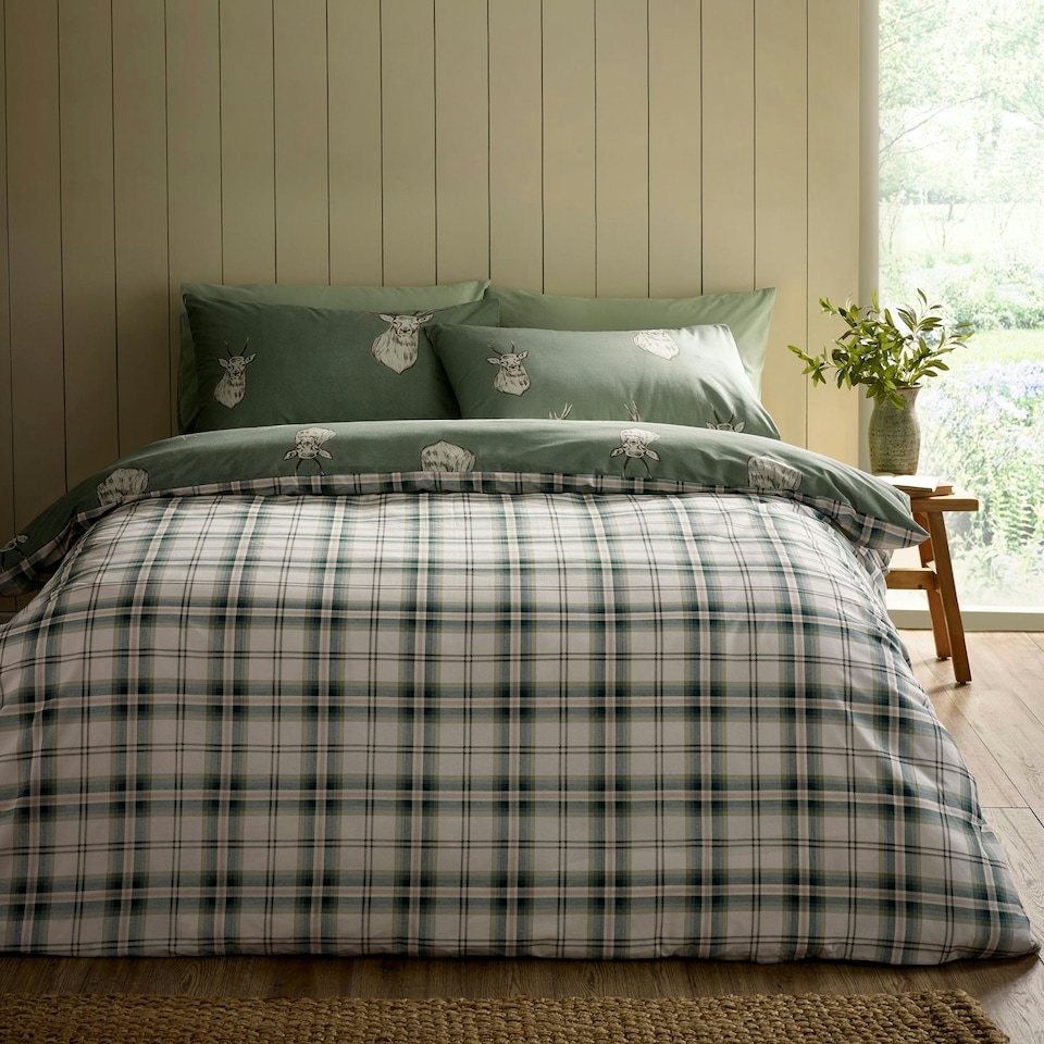 image 1 of Catherine Lansfield Stag Check Reversible Duvet Cover Set Soft Green Green | Soft Green | Single
