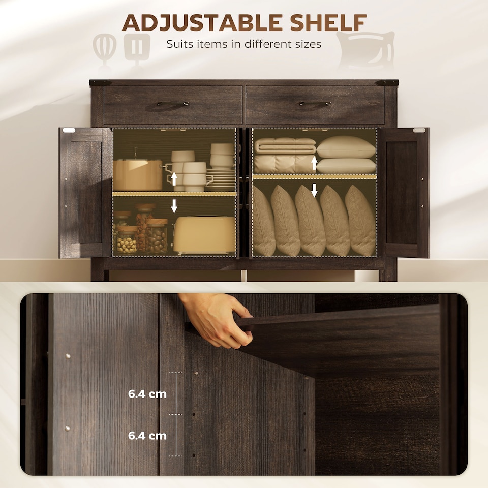 image 1 of HOMCOM Kitchen Cupboard with 4 Doors, 2 Drawers and 2 Shelves, Dark Brown