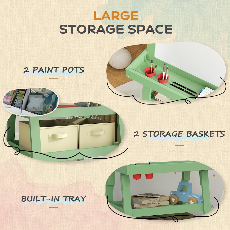 image 1 of AIYAPLAY Double-Sided Art Easel for Kids w/ Paper Roll, Storage Baskets Green