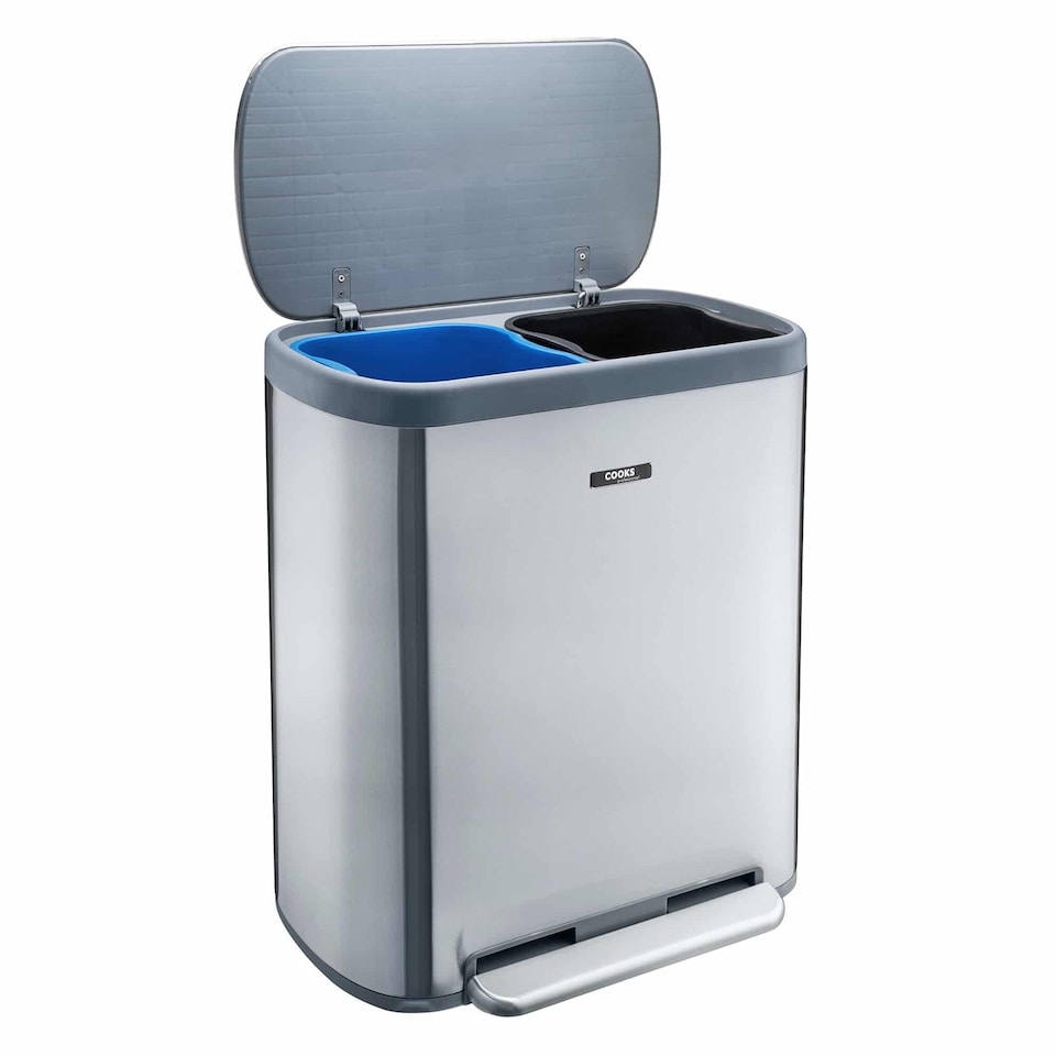 image 1 of Cooks Professional Recycle Bin 60L with Single Pedal, Dual Compartments & Soft Close Lid | Silver