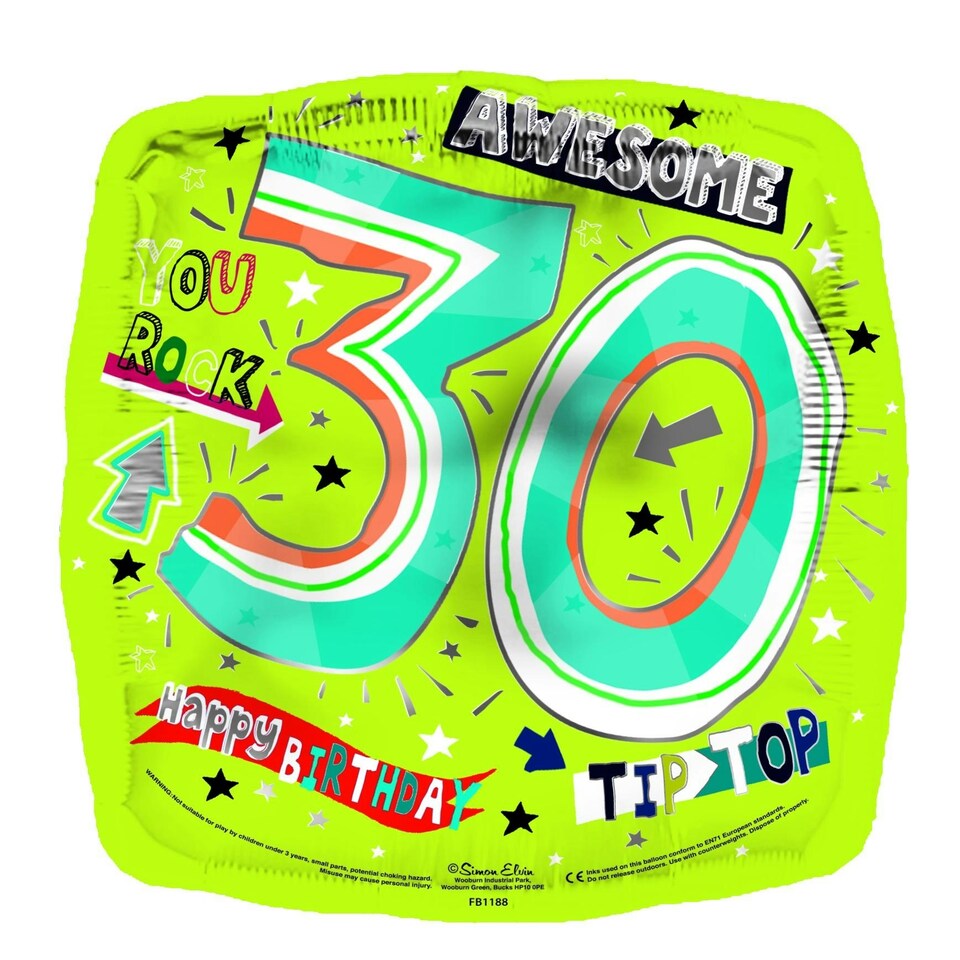 Simon Elvin Square 30th Birthday Foil Balloon - Neon Green - One Size