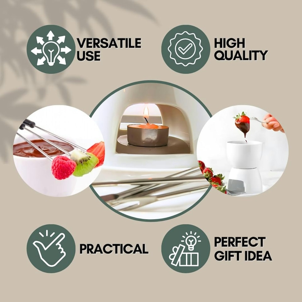 image 1 of Marco Paul 10pc White Ceramic Chocolate Fondue Set with Stainless-Steel Forks and 4 Half Moon Serving Dishes