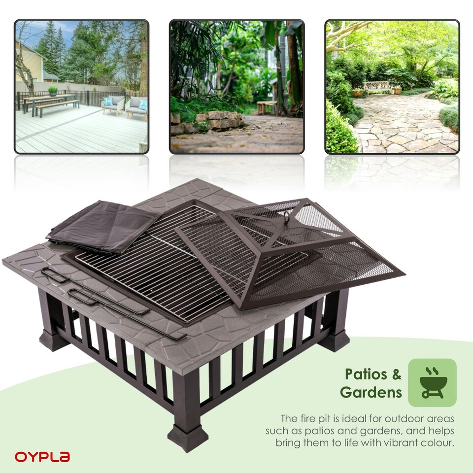 image 1 of Oypla Firepit Table Brazier Outdoor Garden Patio Heater BBQ Barbecue Grill with Cover