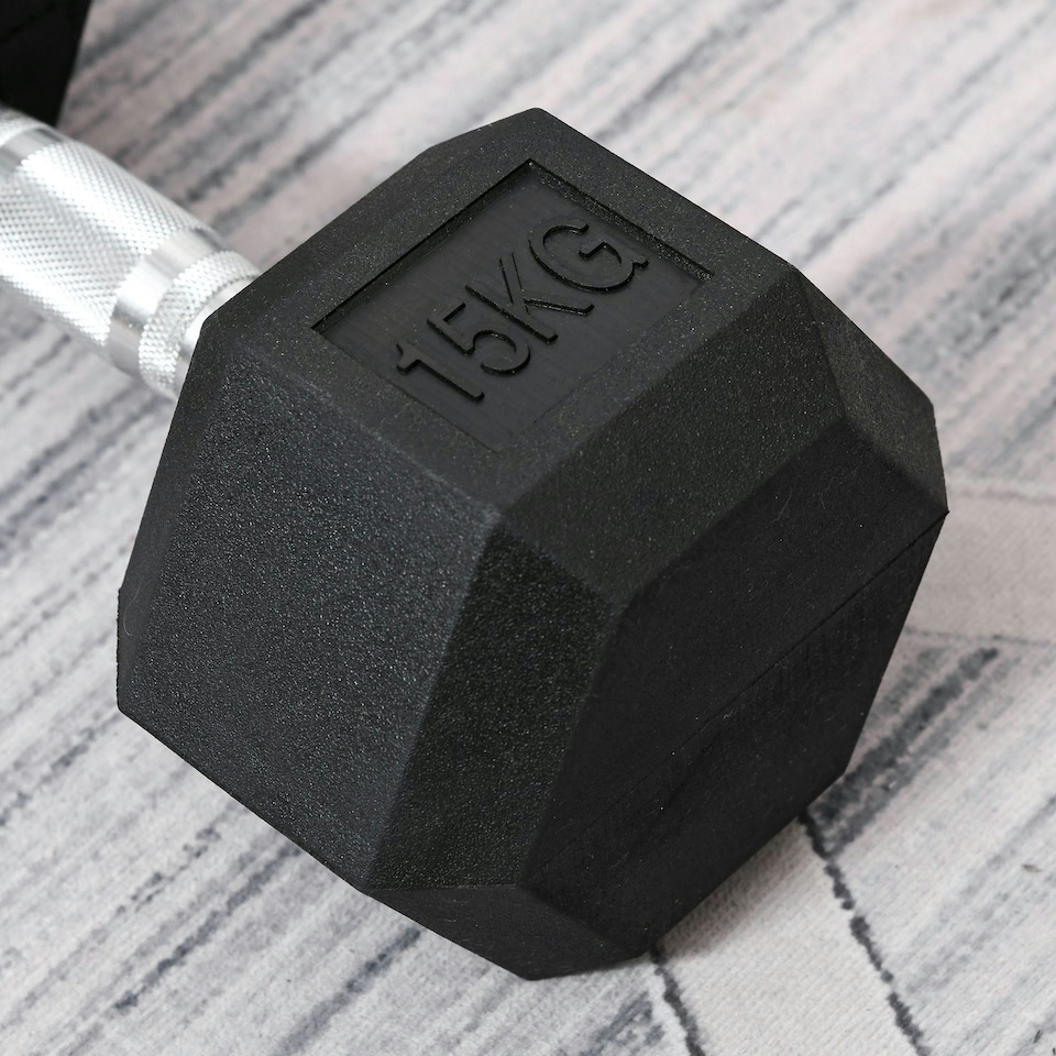 image 1 of HOMCOM 15KG Single Rubber Hex Dumbbell Portable Hand Weights for Home Gym